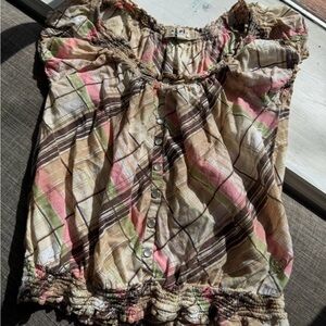 LEI Juniors M Smocked Plaid Button Top Y2K Peasant Blouse Cap‎ Sleeve